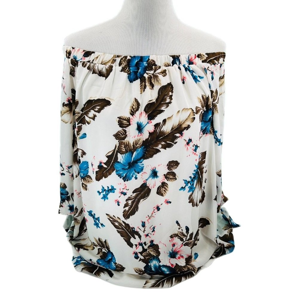 Entro Blouse Womens Small, Medium, Large Off Shoulder Feathers Hibiscus Spring
